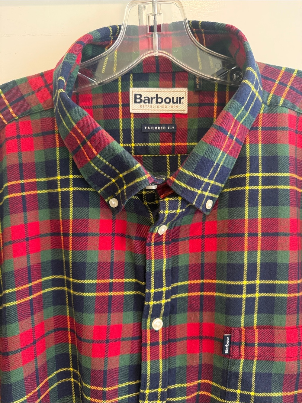 Barbour Red, Green & yNavy Plaid Tailored Fit Button-Down Shirt Size XXL